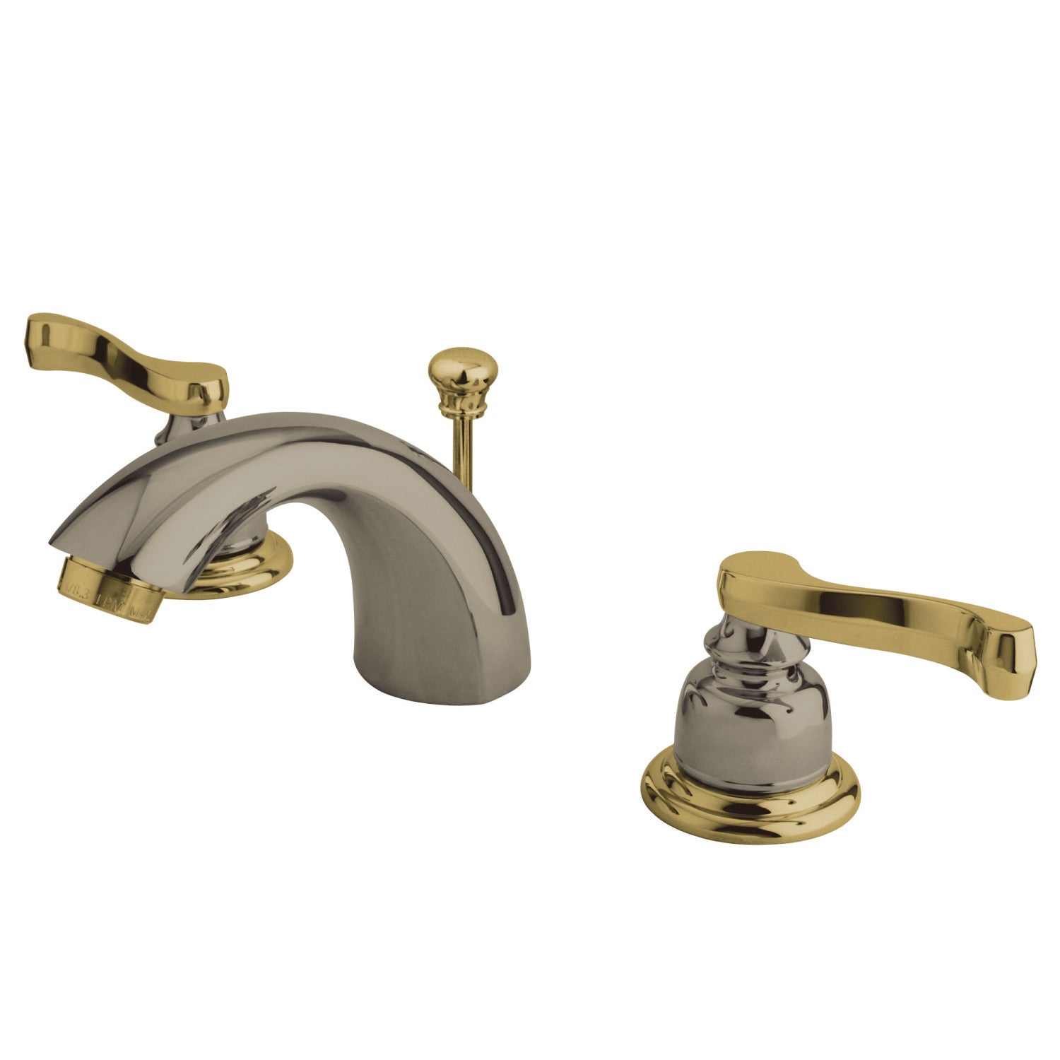 Kingston Tulare KB8959FL - Royale Two-Handle 3-Hole Deck Mount Mini-Widespread Bathroom Faucet with Pop-Up Drain, Brushed Nickel/Polished Brass — image 1